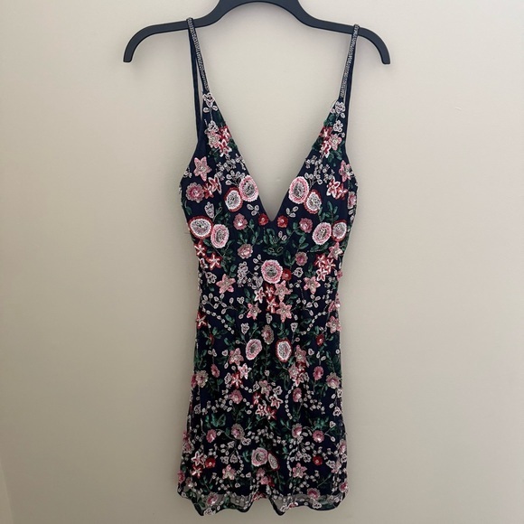 Primavera Couture Floral Embroidered Mini Dress - navy and Pink - Picture 3 of 14